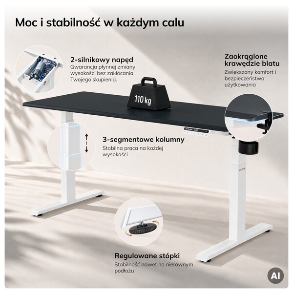 Biurko elektryczne z regulacją wysokości ergonomiczne biało-antracytowe,1600x800 mm: ARIA