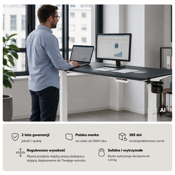 Biurko elektryczne z regulacją wysokości ergonomiczne biało-antracytowe,1600x800 mm: ARIA