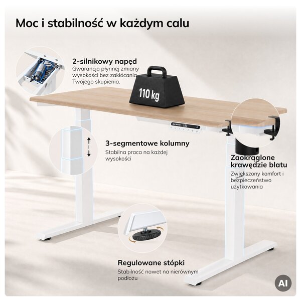 Biurko elektryczne z regulacją wysokości ergonomiczne białe/dąb sonoma,1200x600 mm: ARIA