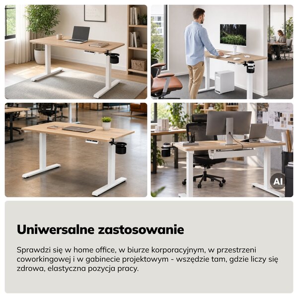 Biurko elektryczne z regulacją wysokości ergonomiczne białe/dąb sonoma,1200x600 mm: ARIA