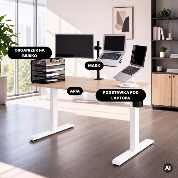 Biurko elektryczne z regulacją wysokości ergonomiczne białe/dąb sonoma,1200x600 mm: ARIA