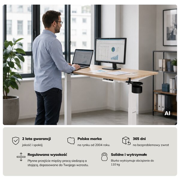 Biurko elektryczne z regulacją wysokości ergonomiczne białe/dąb sonoma,1200x600 mm: ARIA