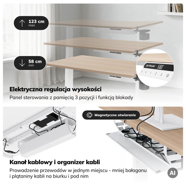 Biurko elektryczne z regulacją wysokości ergonomiczne białe/dąb sonoma,1200x600 mm: ARIA
