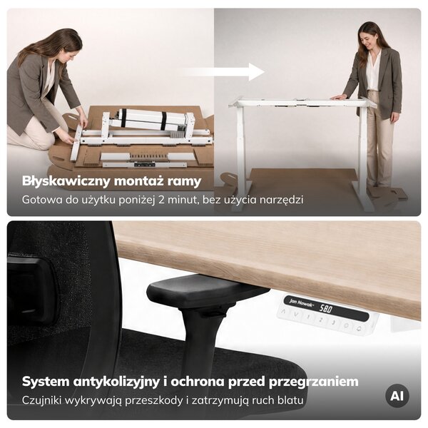 Biurko elektryczne z regulacją wysokości ergonomiczne białe/dąb sonoma,1600x800 mm: ARIA
