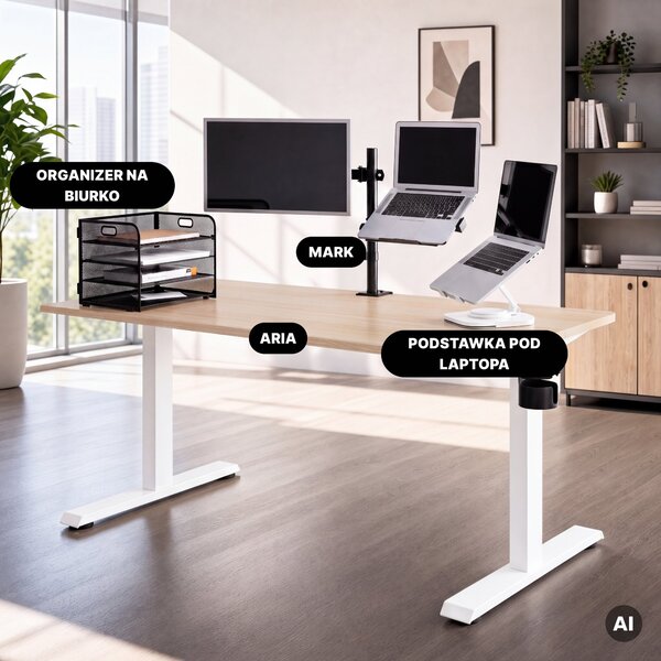 Biurko elektryczne z regulacją wysokości ergonomiczne białe/dąb sonoma,1600x800 mm: ARIA