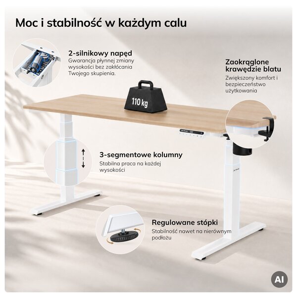 Biurko elektryczne z regulacją wysokości ergonomiczne białe/dąb sonoma,1600x800 mm: ARIA