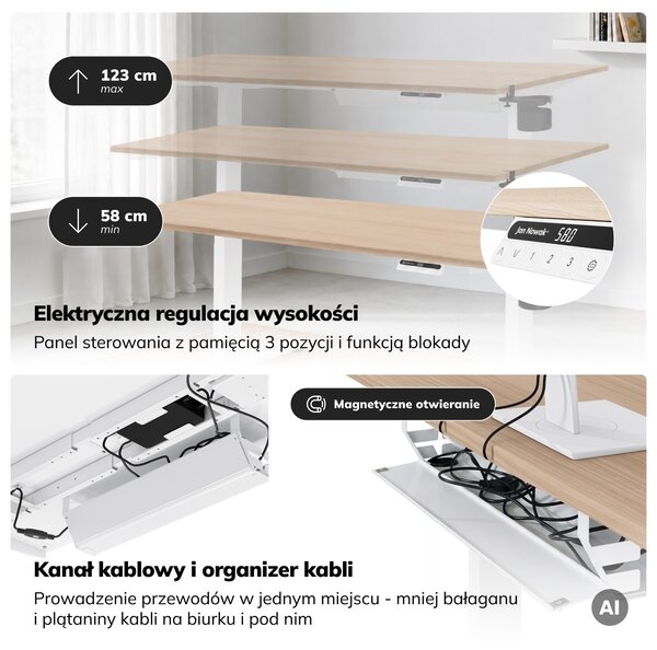 Biurko elektryczne z regulacją wysokości ergonomiczne białe/dąb sonoma,1600x800 mm: ARIA