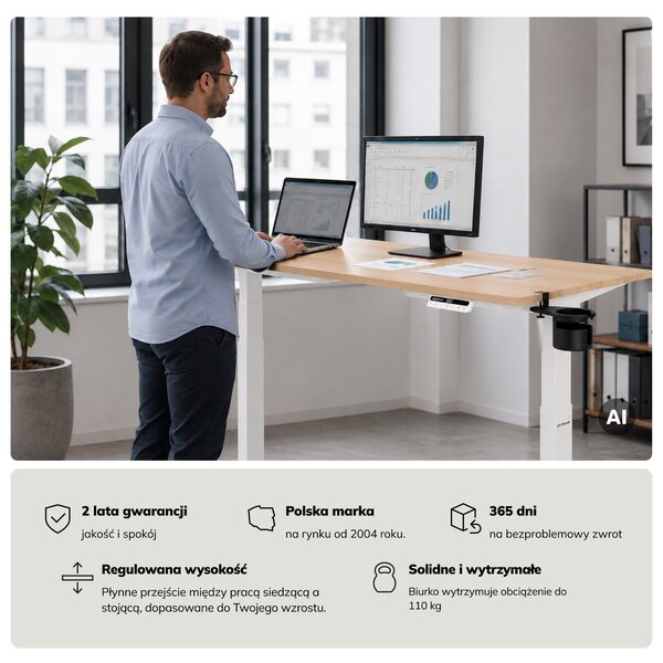 Biurko elektryczne z regulacją wysokości ergonomiczne białe/dąb sonoma,1600x800 mm: ARIA