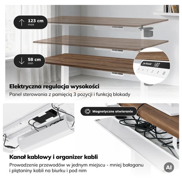 Biurko elektryczne z regulacją wysokości ergonomiczne białe/orzech,1600x800 mm: ARIA