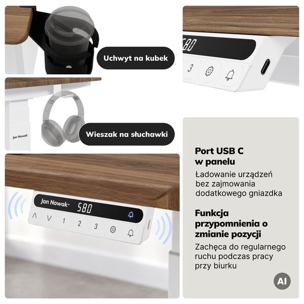 Biurko elektryczne z regulacją wysokości ergonomiczne białe/orzech,1600x800 mm: ARIA