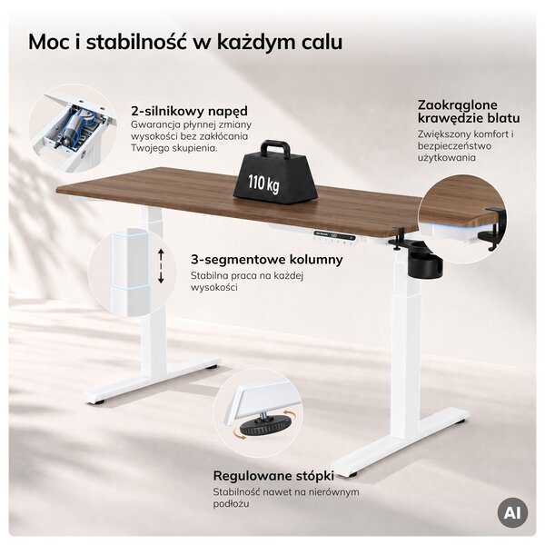 Biurko elektryczne z regulacją wysokości ergonomiczne białe/orzech,1600x800 mm: ARIA