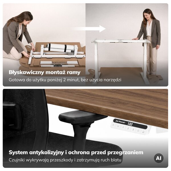 Biurko elektryczne z regulacją wysokości ergonomiczne białe/orzech,1600x800 mm: ARIA