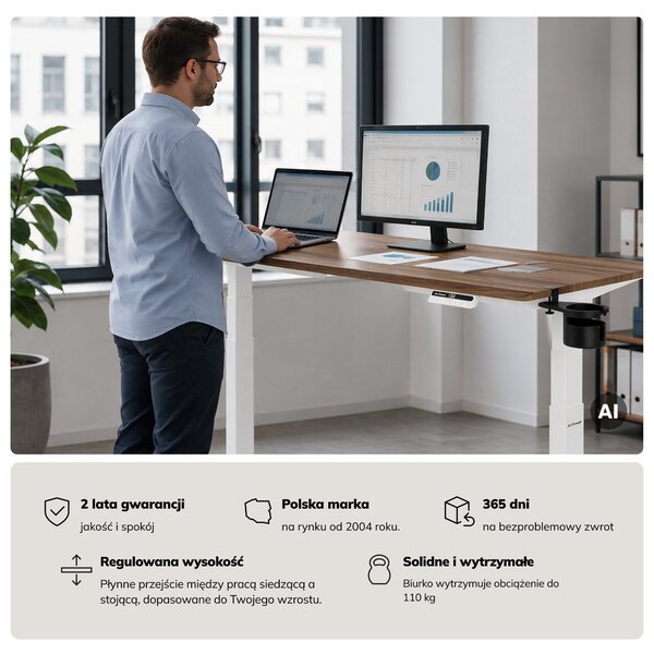 Biurko elektryczne z regulacją wysokości ergonomiczne białe/orzech,1600x800 mm: ARIA