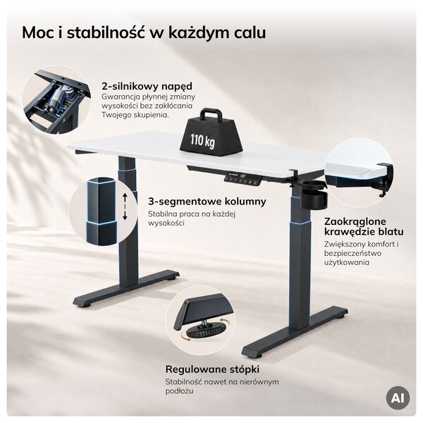 Biurko elektryczne z regulacją wysokości ergonomiczne antracytowo-białe, 1200x600 mm: ARIA