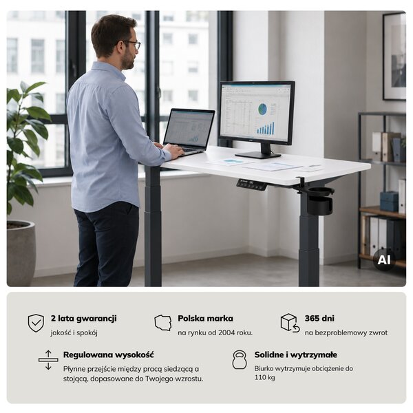 Biurko elektryczne z regulacją wysokości ergonomiczne antracytowo-białe, 1200x600 mm: ARIA