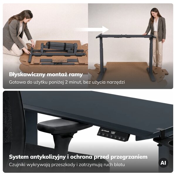 Biurko elektryczne z regulacją wysokości ergonomiczne antracytowo-białe, 1200x600 mm: ARIA