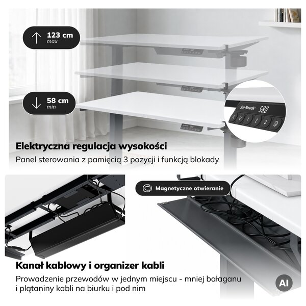 Biurko elektryczne z regulacją wysokości ergonomiczne antracytowo-białe, 1200x600 mm: ARIA