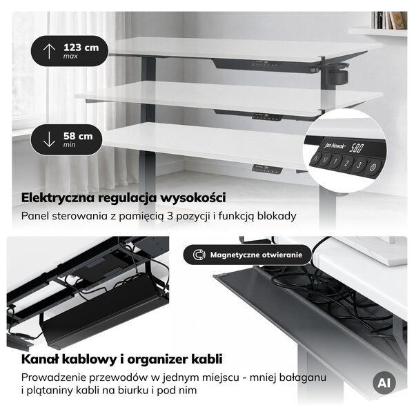 Biurko elektryczne z regulacją wysokości ergonomiczne antracytowo-białe, 1600x800 mm: ARIA