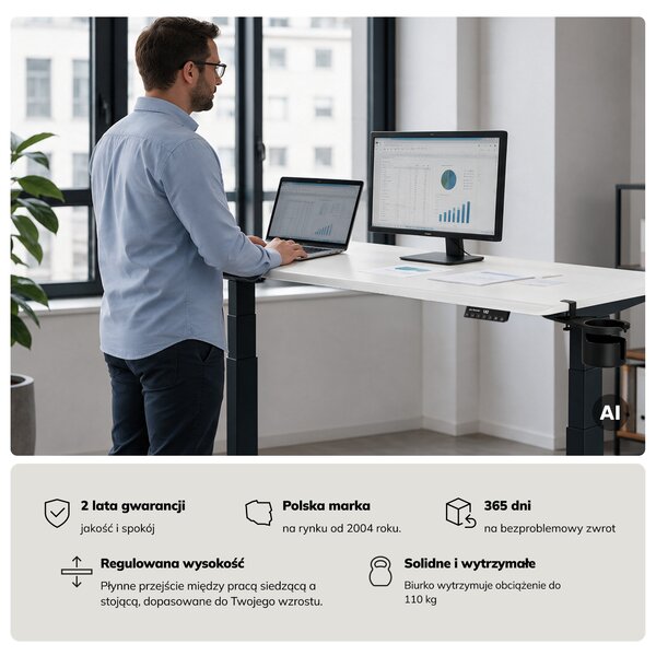 Biurko elektryczne z regulacją wysokości ergonomiczne antracytowo-białe, 1600x800 mm: ARIA