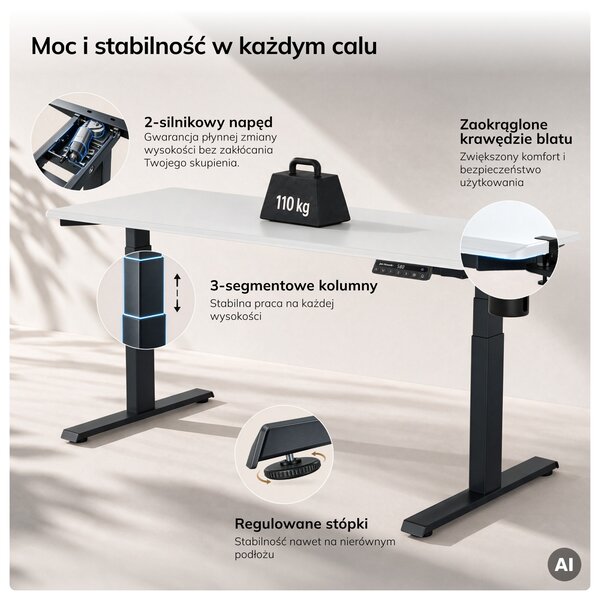 Biurko elektryczne z regulacją wysokości ergonomiczne antracytowo-białe, 1600x800 mm: ARIA