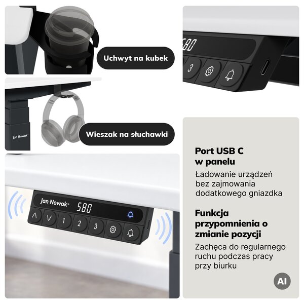 Biurko elektryczne z regulacją wysokości ergonomiczne antracytowo-białe, 1600x800 mm: ARIA