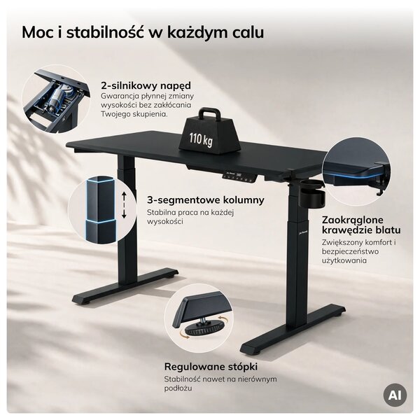 Biurko elektryczne z regulacją wysokości ergonomiczne antracytowe,1200x600 mm: ARIA