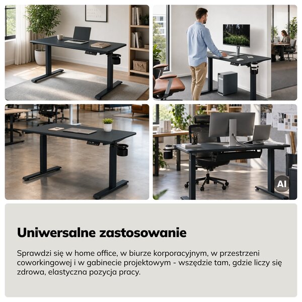 Biurko elektryczne z regulacją wysokości ergonomiczne antracytowe,1200x600 mm: ARIA