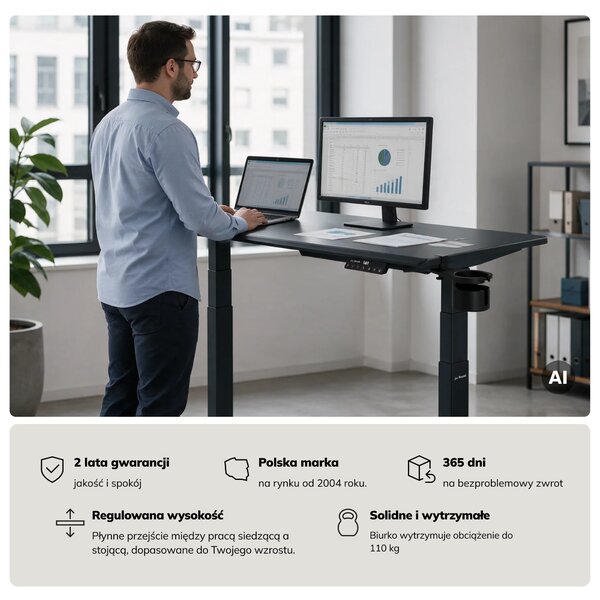 Biurko elektryczne z regulacją wysokości ergonomiczne antracytowe,1200x600 mm: ARIA