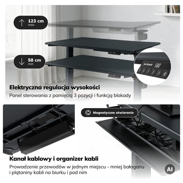 Biurko elektryczne z regulacją wysokości ergonomiczne antracytowe,1200x600 mm: ARIA
