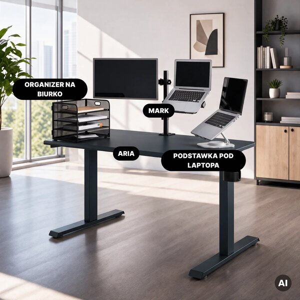 Biurko elektryczne z regulacją wysokości ergonomiczne antracytowe,1200x600 mm: ARIA