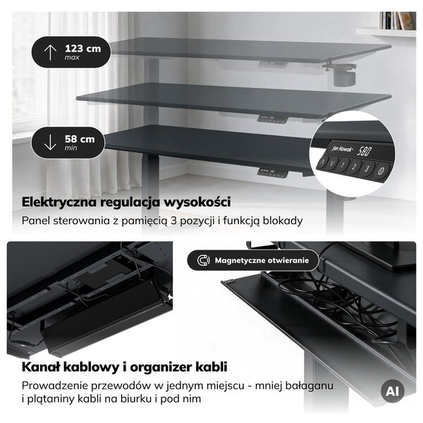 Biurko elektryczne z regulacją wysokości ergonomiczne antracytowe,1600x800 mm: ARIA