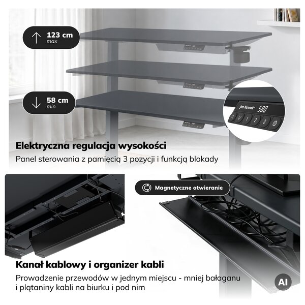 Biurko elektryczne z regulacją wysokości ergonomiczne antracytowe,1400x700 mm: ARIA
