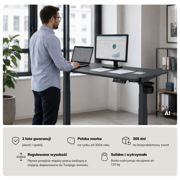 Biurko elektryczne z regulacją wysokości ergonomiczne antracytowe,1400x700 mm: ARIA