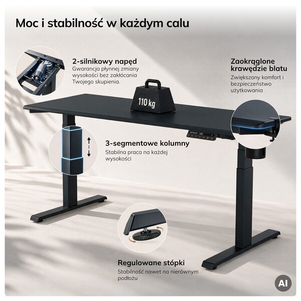 Biurko elektryczne z regulacją wysokości ergonomiczne antracytowe,1600x800 mm: ARIA