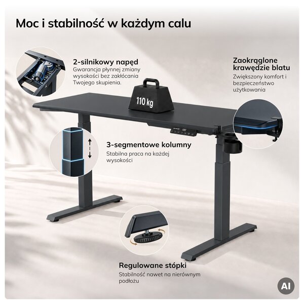 Biurko elektryczne z regulacją wysokości ergonomiczne antracytowe,1400x700 mm: ARIA