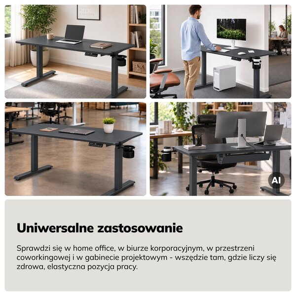 Biurko elektryczne z regulacją wysokości ergonomiczne antracytowe,1400x700 mm: ARIA