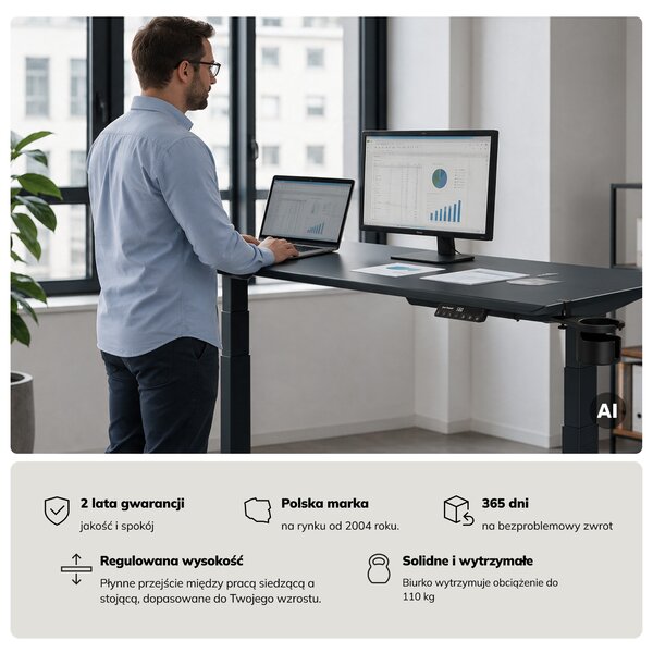 Biurko elektryczne z regulacją wysokości ergonomiczne antracytowe,1600x800 mm: ARIA