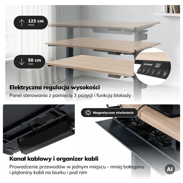 Biurko elektryczne z regulacją wysokości ergonomiczne antracytowe/dąb sonoma,1200x600 mm: ARIA