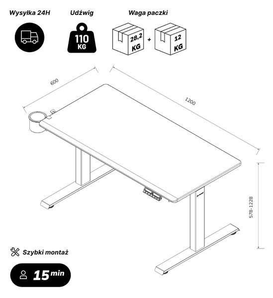 Biurko elektryczne z regulacją wysokości ergonomiczne antracytowe/dąb sonoma,1200x600 mm: ARIA