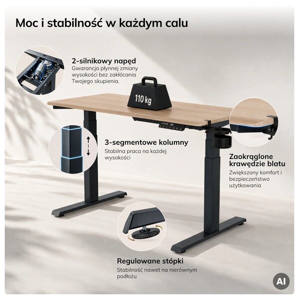 Biurko elektryczne z regulacją wysokości ergonomiczne antracytowe/dąb sonoma,1200x600 mm: ARIA