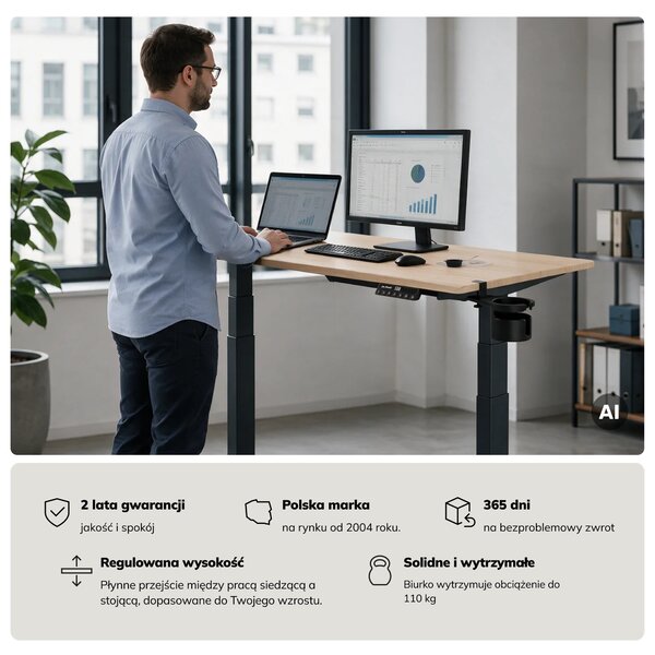 Biurko elektryczne z regulacją wysokości ergonomiczne antracytowe/dąb sonoma,1200x600 mm: ARIA