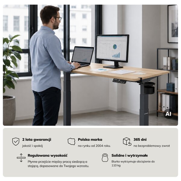 Biurko elektryczne z regulacją wysokości ergonomiczne antracytowe/dąb sonoma,1400x700 mm: ARIA