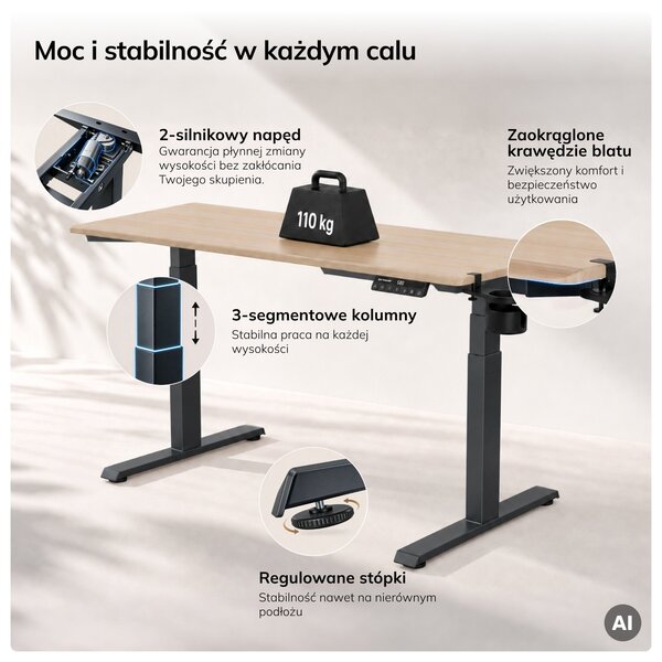 Biurko elektryczne z regulacją wysokości ergonomiczne antracytowe/dąb sonoma,1400x700 mm: ARIA