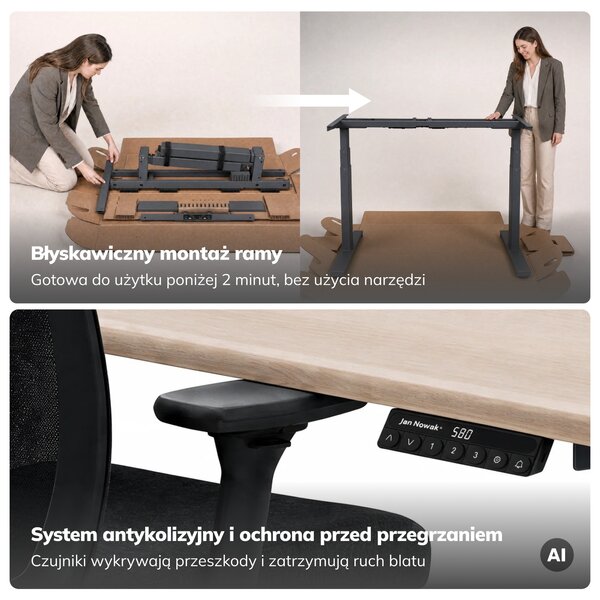 Biurko elektryczne z regulacją wysokości ergonomiczne antracytowe/dąb sonoma,1600x800 mm: ARIA