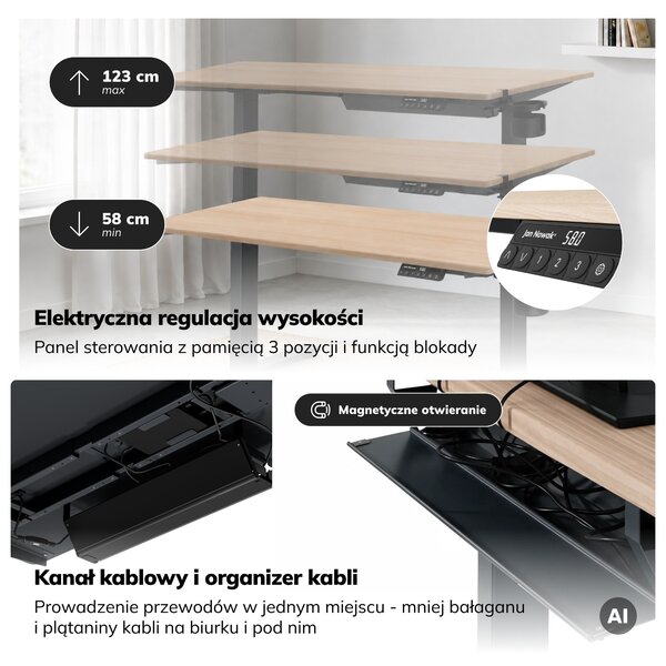 Biurko elektryczne z regulacją wysokości ergonomiczne antracytowe/dąb sonoma,1400x700 mm: ARIA