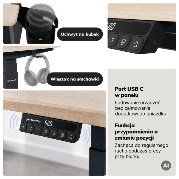 Biurko elektryczne z regulacją wysokości ergonomiczne antracytowe/dąb sonoma,1600x800 mm: ARIA