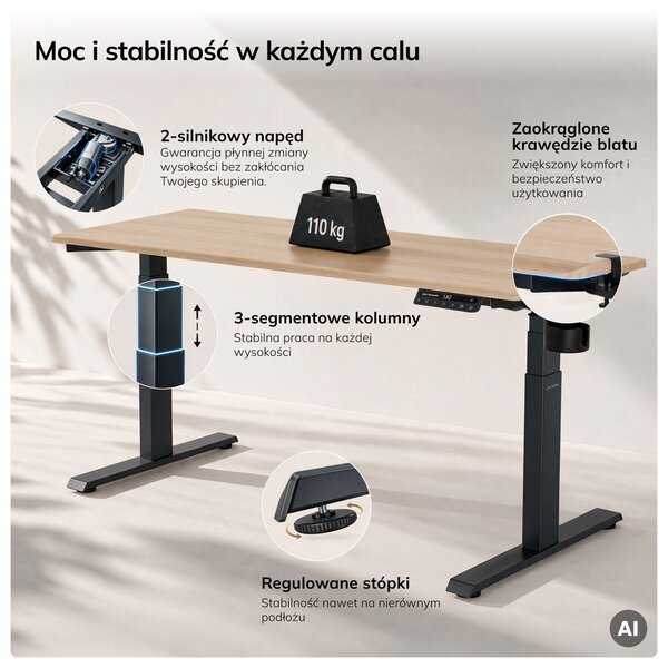 Biurko elektryczne z regulacją wysokości ergonomiczne antracytowe/dąb sonoma,1600x800 mm: ARIA
