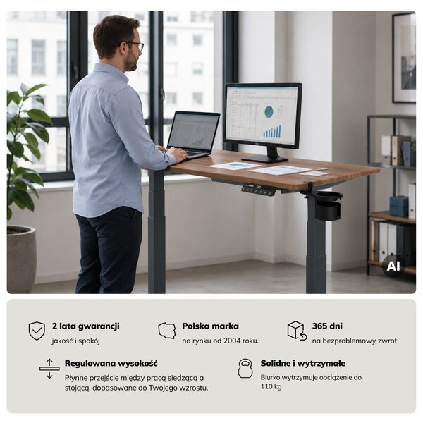 Biurko elektryczne z regulacją wysokości ergonomiczne antracytowe/orzech,1200x600 mm: ARIA