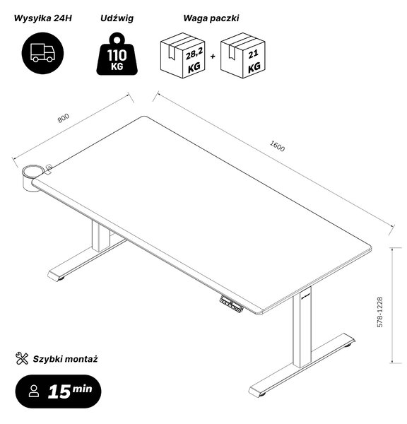 Biurko elektryczne z regulacją wysokości ergonomiczne antracytowe/dąb sonoma,1600x800 mm: ARIA