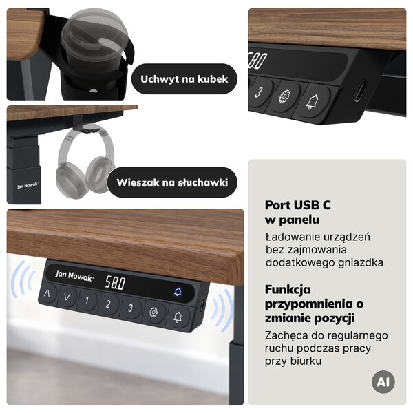 Biurko elektryczne z regulacją wysokości ergonomiczne antracytowe/orzech,1200x600 mm: ARIA